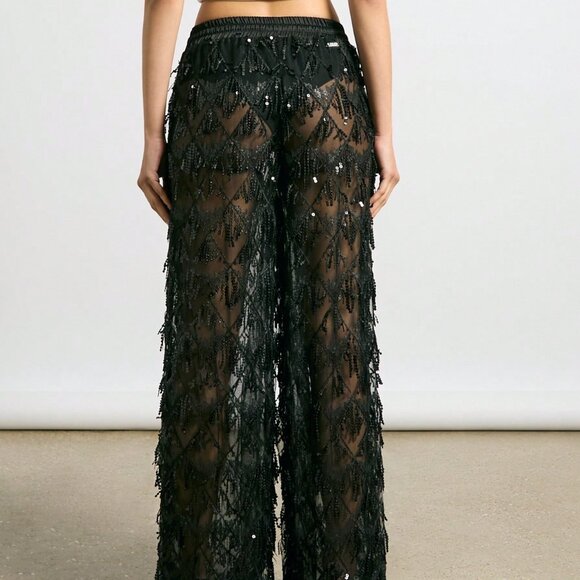 Black Sexy Women's Wide Leg Pants with Sequin - Picture 2 of 4